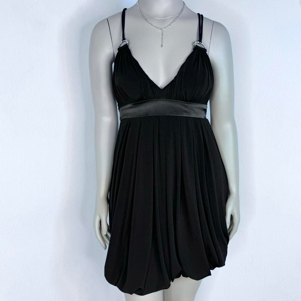Y2K Black Rhinestone Strap Mini Dress 7/8 Bubble Hem Cocktail Party Clubwear LBD - Picture 3 of 8